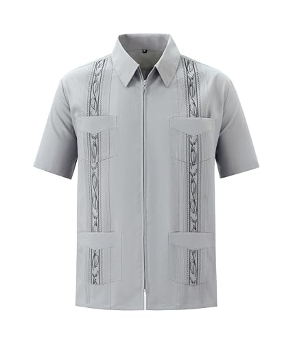 Mens Casual Shirts Guayabera Short Sleeve Zipper Cuban Shirts Mexico Style