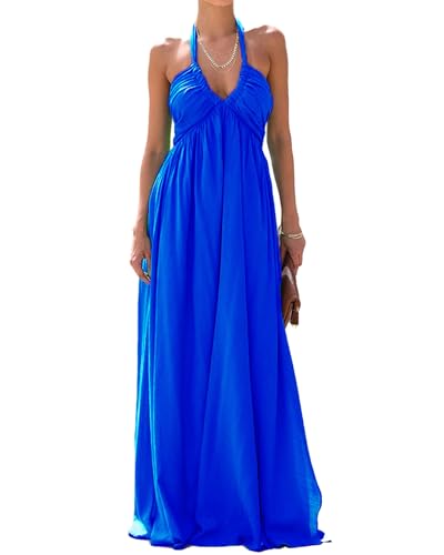 Image of Felcia Women Summer Tie-Up Halter Neck Maxi Dress Sleeveless V Neck Vacation Beach Sundress Solid Color Backless Long Dress (Blue A, L)