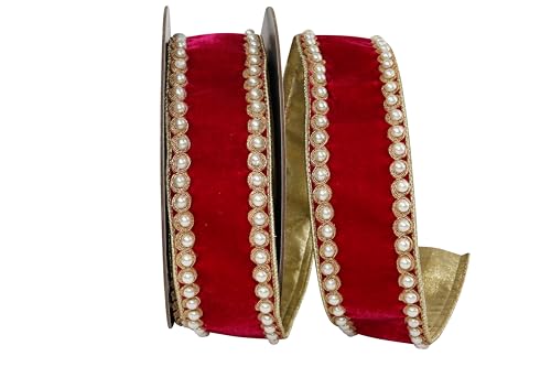Reliant Ribbon Pearl Edging Plush Velvet Deluxe Splendor Metallic Backed Wired Edge, Ruby, 2-1/2 Inch, 5 Yards by Reliant Ribbon - Used condition - US$37.09