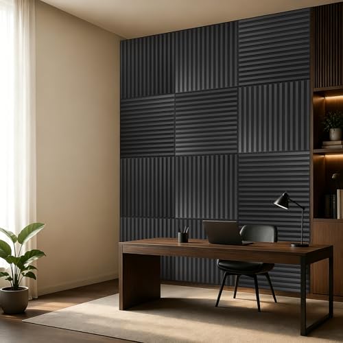 Image of Art3d 12-Pack Acoustic Wood Slat Panel & Ceiling Tile, 2 x 2 ft, Blackwood