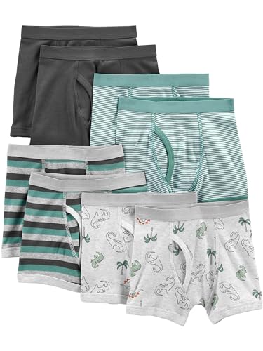 Listado de Bóxers para Niño al mejor precio. 41 Simple Joys by Carter's - Paquete de 8 Ropa Interior para niños, Gris Oscuro/Verde Mini Raya/Dinosaurio Gris/Raya, 2-3