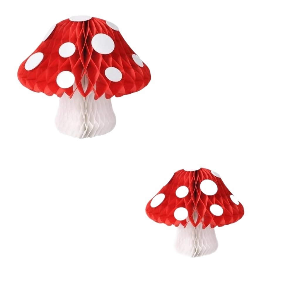 Forest Jungle Wonderland Mushroom Party Decorations Mushroom Honeycomb Paper Lantern for Fairy Tale Birthday Party Garden Decor(2Pcs Honeycombs)