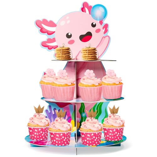 ANGOLIO 3 Tiers Axolotl Cupcake Stand Pink Cute Axolotl Birthday Party Cardboard Cupcake Holder Decorations Cartoon Animal Party Dessert Tower Pink Birthday Supplies for Kids