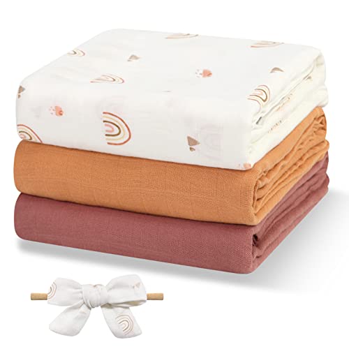 Image of Papablic Muslin Swaddle Blankets, 3-Pack Soft Silky Swaddle Blankets for Boys and Girls, Cotton Receiving Blanket with 1 Hair Bows, Solid Color/Rainbows, Large 47 x 47 inches