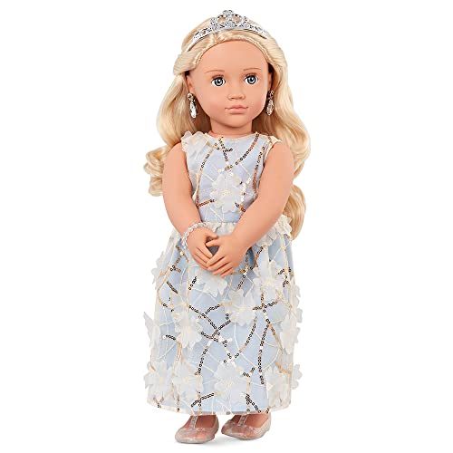 Our Generation Puppe Ellory 46cm | BD31346 | Mit Diadem, Ohrringen, Armband & geblümtem Kleid | Hübsche Blaue Schlafaugen & langem Blondem Haar | Empfohlen ab 3 Jahren, Blond