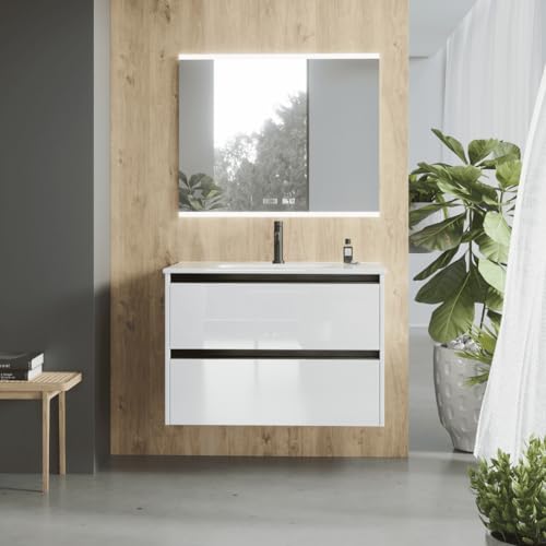 Mueble de Baño Suspendido con Lavabo Cerámico| Mueble Volado 2 Cajones con Tirador | 80 cm Blanco Brillo Tirador Negro