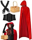 Croknit 5 pcs Red Riding Hood Costume Women's Gothic Red Riding Hood Costume Adult Role-Playing Halloween Party Costume For Women