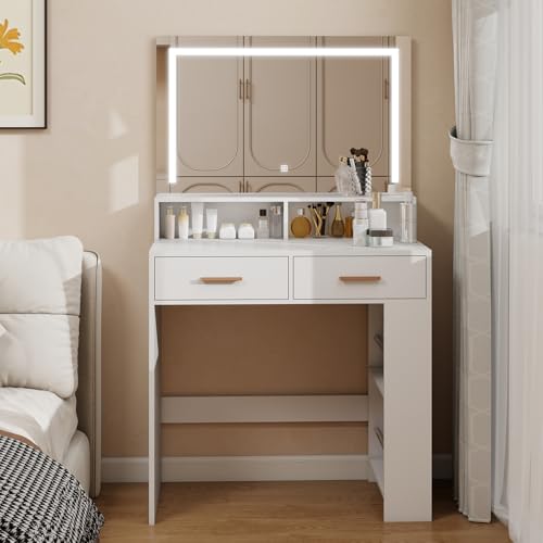 YOURLITE Vanity Desk, Makeup Vanity with 3 Modes Mirror and Lights, Small Dressing Table with...