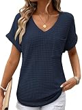 Cuptacc Blusen Damen Elegante V Ausschnitt Tasche T-Shirt Damen Mode Airy Waffle Tuniken Solid Color Quick Dry Oberteile Marineblau S