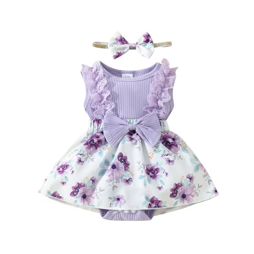 ESSECMBS Baby Mädchen Sommer 2 Stück Strampler Kleid Anzug Spitze Rüschenärmel All-in-One Blumendruck Body Kleid mit Stirnband Neugeborenes Strampelanzug (Lila, 0-3 Monate)