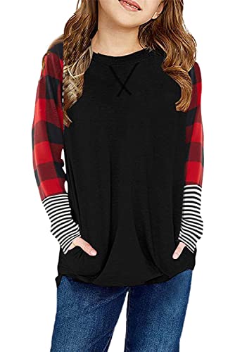 Image of SELINK Girls Big Kids Long Sleeve Striped Color Block Pocket Tees | Casual Loose Fit With Side Pockets,Soft Stretch Polyester Blend For Big Girls Daily&Back To School Wear