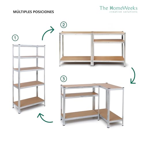 Miniatura 5 de The Homeweeks Estantería Metálica 180 90 40cm Galvanizada Modular 5 Baldas Ajustables Mdf Carga 175 Kg Por Estante Y 875 Kg Total Montaje Suelo Sin Tornillos System Click Push