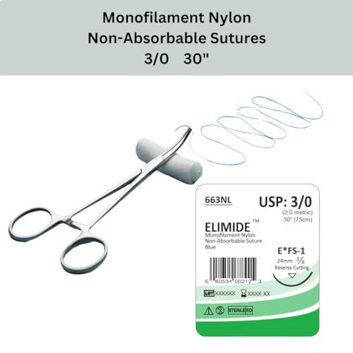 Image of ELIMIDE Veterinary Nylon Non-Absorbable Monofilament Sutures, Reverse Cutting 3 /8 Circle, 24mm, 3 /0 30 inch (76 cm), 12 Individual Pack, FS1, Blue, 663NL