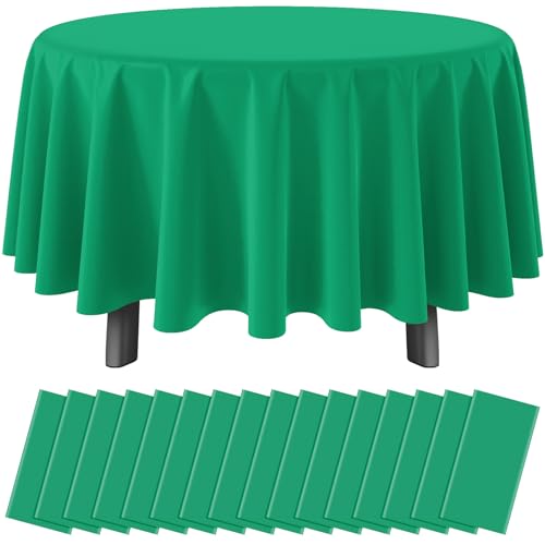Image of 16 Pack Green Plastic Tablecloth for Round Tables, Premium Decorative Green Disposable Table Cloths for Parties, Round Party Table Cover for Birthday Anniversary Graduation Picnic Party, 84 Inch