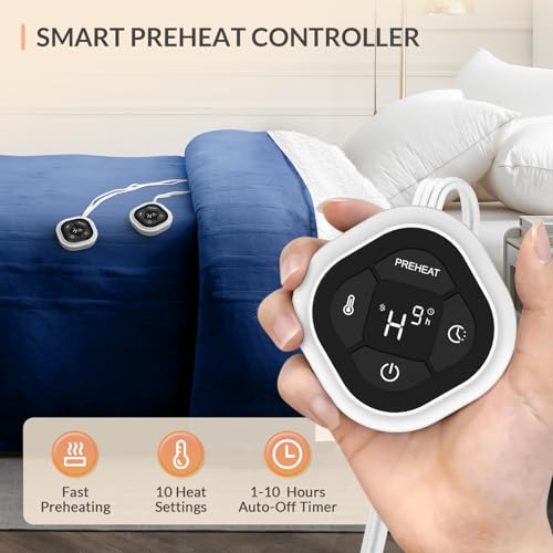 Image of HOMLYNS LuxeHeat Heated Blanket Electric Blanket King Size, Soft Flannel Sherpa Heating Blanket with 10 Heat Settings, 1-10 hrs Timer Auto Shut Off (90x100 inches, Navy), Only for 120V Voltage Use