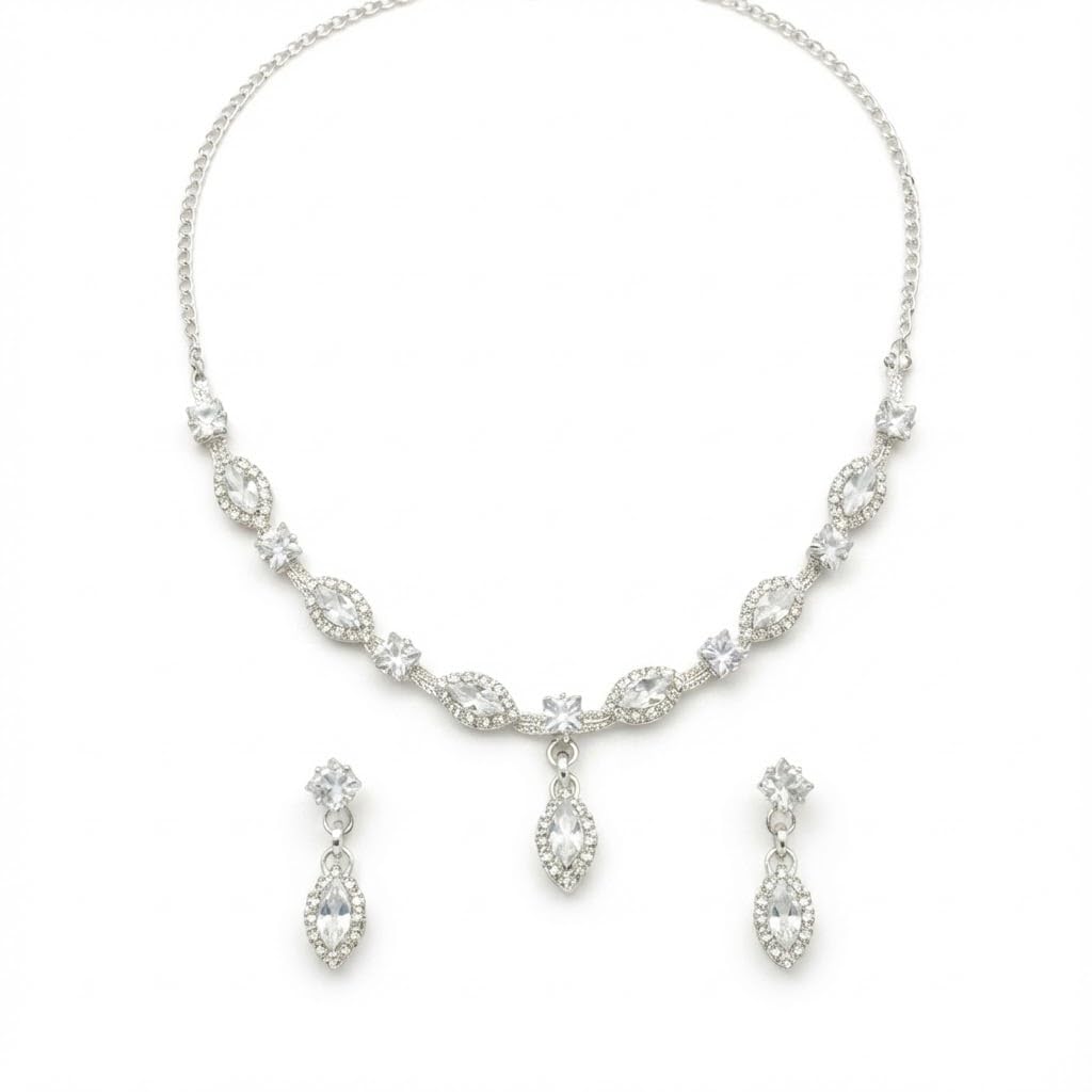 American Diamond Jewellery Set for Women | Elegant Marquise Drop Necklace with Earrings | Stylish Fashion Jewellery for Special Occasions | Silver