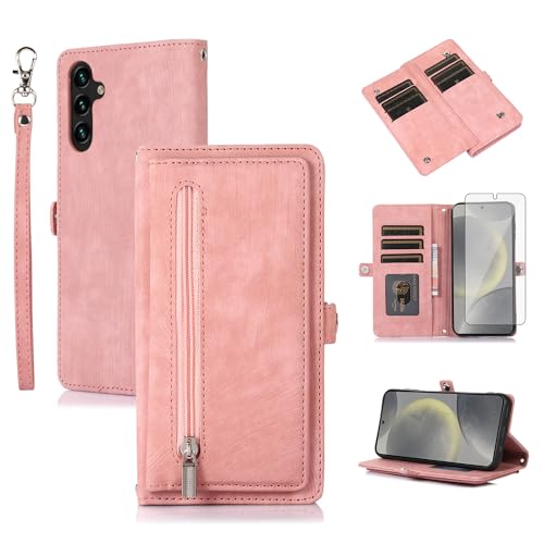 Custodia a portafoglio per Samsung Galaxy S24 5G con pellicola protettiva in vetro temperato e cinturino da polso a tracolla pelle flip cerniera porta carte di credito Cell S 24 24S GS24 G5