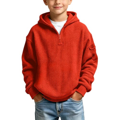 ZGTWHZY Sweatshirt For Boys,Boys Waffle Knit Quarter Zip Sweatshirts Fall Fashion Long Sleeve Pullover Hoodies Sweater Tops Teen Boy Clothes,Orange,120=5-6 Years