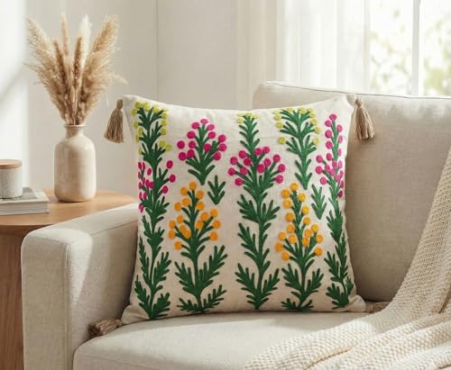 Image of Furnistitchs Handmade Cotton Bohemian Home Decor Cushion Cover 24x24 inches / 60x60 cms - Boho Chic Couch Sofa Throw Living Room Bedroom Cushions (1, Floral Drops)