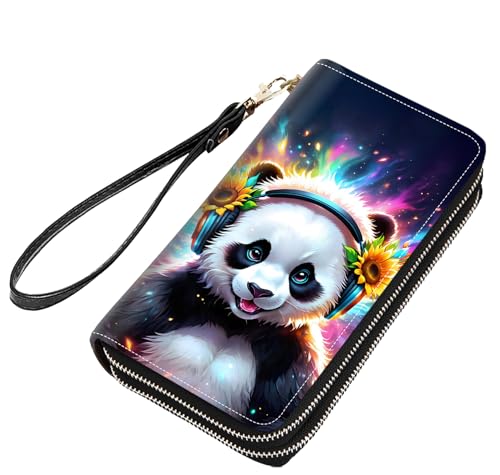 stmedazm Panda with Headphones Print Women Large Capacity PU Leather Double Zipper Wallet, Multifunctional Clutch Purse for Cash/Card/Coin/Smart Phone