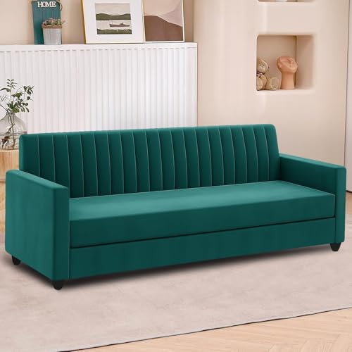 Image of Wooden 5 Seater Sofa Set 3+2 with Ottoman, Velvet Fabric Comfortable Sofa for Living Room, Home & Office, Modern Space Saving Design - Green Color