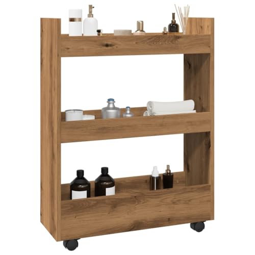 Vetnasa Carro de almacenaje Estrecho 3 Niveles Madera Roble artisian Mobiliario, Carros e Islas, Carros de Cocina y Comedor Marrón 11,7 KG