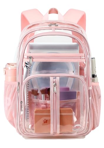 Image of Pink Big Clear Backpack Heavy Duty For Lady,18in XL TPU Bookbag 15Age+ Girl | See Through Stitch durable plastic Multi-Pocket Design For School Adults work Warehouses Airport security,check events
