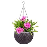 Vencer 11 Inch Round Resin Rattan Hanging Planters,Self Watering Hanging Basket for Indoor Outdoor Plants,Hanging Flower Pots with Drain Hole and Metal Chain,Water Indicator,Coffee,VF-A15-C