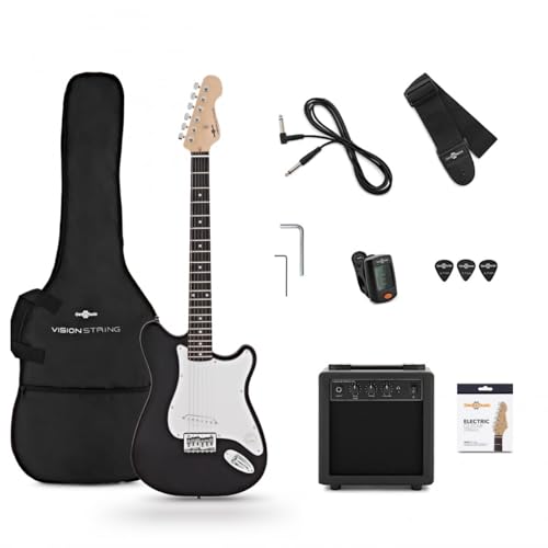 VISIONSTRING Beginner 3/4 Size Electric Guitar with 10W Amp, Extra Strings and Accessories, Black