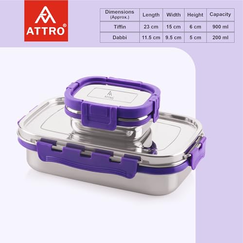 Image of ATTRO Shine Big Stainless Steel Lunch Box 2-Piece Set - 900ml + 200ml - Leak-Proof, BPA-Free, Compact & Durable - Ideal for Kids, Office, Travel - Purple