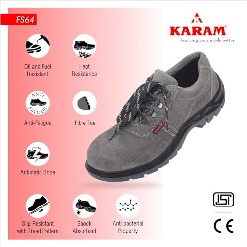 Image of Karam FS64 Suede Grey Leather Safety Shoes for Men | Double Density, Fiber Toe | Black PU Mid Sole,|Antistatic, Antislip, Oil & Heat Resistant | Grey