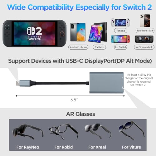 Image of BonFook HiBloks USB C to AR Glasses Hub and Charging Adapter, Charge and Play Adapter with 4K60Hz and 65W Fast Charging for Switch 1&2 /Rokid /Xreal /RayNeo /VITURE /iPhone 15&16
