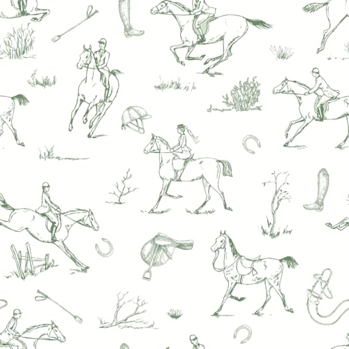 Equestrian Horse And Rider Wallpaper – Classic Green Line Sketch Design With Saddles, Boots And Countryside Motifs – Country Inspired Neutral Feature Wall Decor For Bedroom, Study Or Living Room