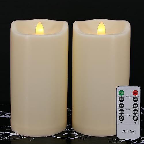 Large Flameless Candles with Remote and Timers Outdoor Waterproof, 8" x 4" Battery Operated Flickering LED Pillar Candles for Outside Lanterns, Ivory Plastic, Long-Lasting ,Set of 2