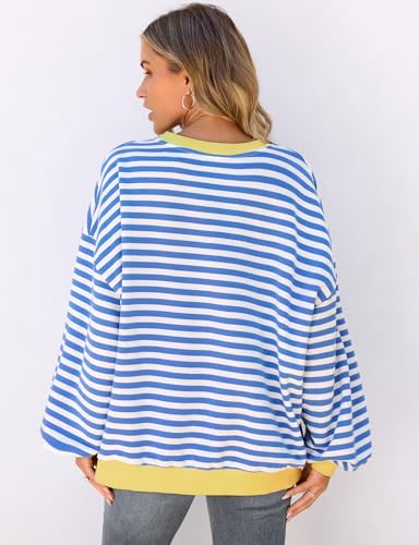 Image of UEU Women Oversized Striped Crewneck Sweatshirt Long Sleeve Color Block Pullover Tops Casual Loose Workout Shirt