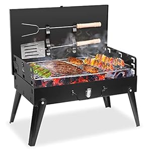 Portable Charcoal Grill, Small BBQ Grill Outdoor Folding Barbecue Grill, Foldable Camping Grill with Barbecue Accessories & Lid for Outdoor Cooking Camp Picnic Hiking Beach Party Patio Smokers
