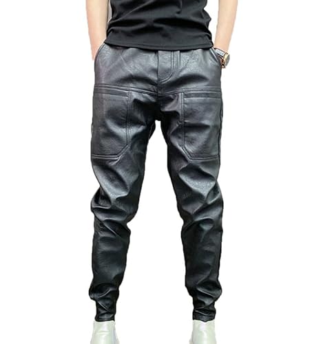 Image of CRITOR Black Faux Leather Joggers Men Elastic Waist Leather Trousers Men's PU Motorcycle Biker Tapered Pants for Men