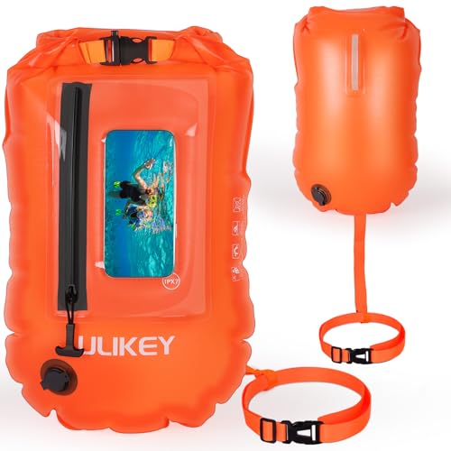 Ulikey 28L Boya Natacion Aguas Abiertas, 2 in 1 Boya Natacion, Bolso de Natación Multifuncional con Cinturón Ajustable y Ventana para Teléfono Móvil para Deportes Acuáticos, Surfistas, Snorkelers