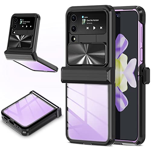 imluckies Funda Compatible con Samsung Galaxy Z Flip 4 con Protección de Bisagra y Cubierta de Cámara Deslizante, PC y TPU a Prueba de Golpes Funda para Galaxy Flip4 5G 2022, Negro Cover