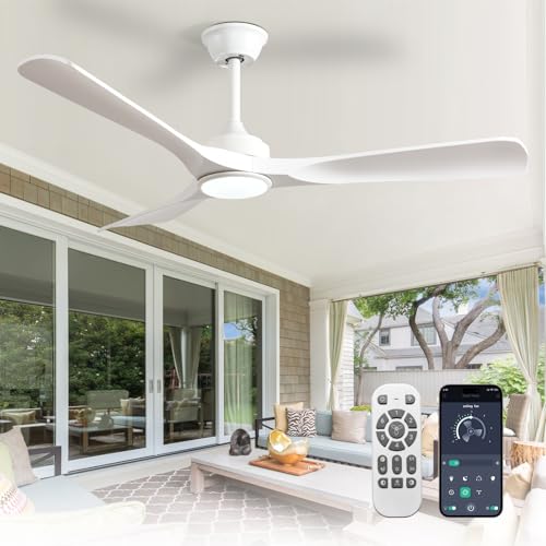 Depuley Ventilador de techo con luz moderno: Ventilador de exterior de 52 pulgadas con control remoto por aplicación para patio   Ventilador de techo blanco de 3 aspas para interiores