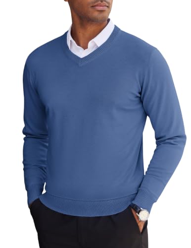 Image of COOFANDY Mens Jumper V-Neck Knitted Sweater Business Jumper Gray Blue L | Lightweight Jumpers Smart Sweatshirt Winter Jumper
