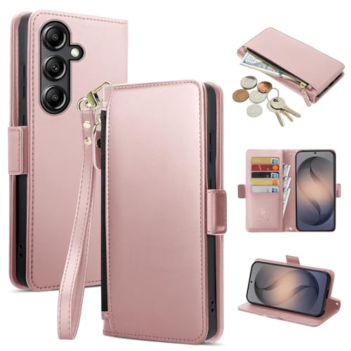 COBEAR for Samsung Galaxy A14 Case Wallet, Pu Leather Flip Phone Case with Wrist Strap, Zipper Pocket, Kickstand, Women Men Phone Wallet Case with Card Holder for Samsumg A14,Rose Gold