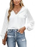 CUPSHE Long Sleeve Tops for Women Eyelet Scalloped Lace V Neckline Blouse Casual Loose Fashion Shirts White L