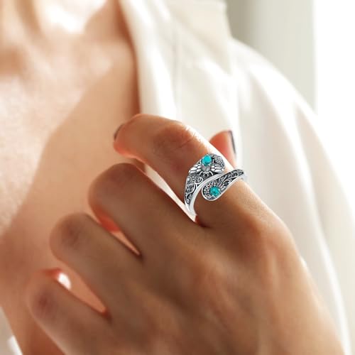 Bee Spoon Rings with Genuine Turquoise, Sterling Silver Vintage Boho Sunflower Thumb Rings Native American Antique Floral Jewelry Gifts for Women, Adjustable Size Fit for 6 7 8 by DOLIOX - Used condition - Image 3
