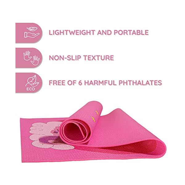 ABTECH-Kids-Yoga-Mat-Set-Fun-Unicorn-Yoga-Mat-for-Girls-Comfortable-Chemical-Free-Non-Toxic-Non-Slip-60-X-24-X-02-Inches-w-12-Yoga-Cards-for-Kids-Cute-Carrier-Bag-Pink-Ages-3-12 Kids Yoga Mat Set - Fun Unicorn Yoga Mat for Girls - Comfortable - Chemical Free - Non-Toxic - Non-Slip - 60 X 24 X 0.2 Inches - w/ 12 Yoga Cards for Kids - Carrier Bag with Strap - Pink - Ages 4-12