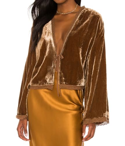 R.Vivimos Women’s Autumn Winter Velvet Cropped Jacket, Medium, Brown