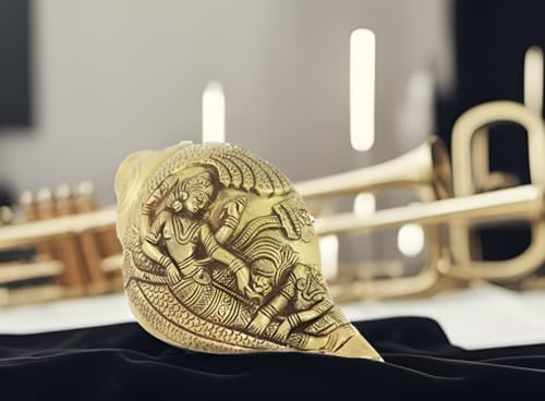 Purpledip Rare Collection Cruelty Free Vegan Blowing Shankh Conch in Antik-Finish Messing mit reichhaltiger Modellierung von hinduistischen religiösen Gottheiten Vishnu-Lakshmi (10384)
