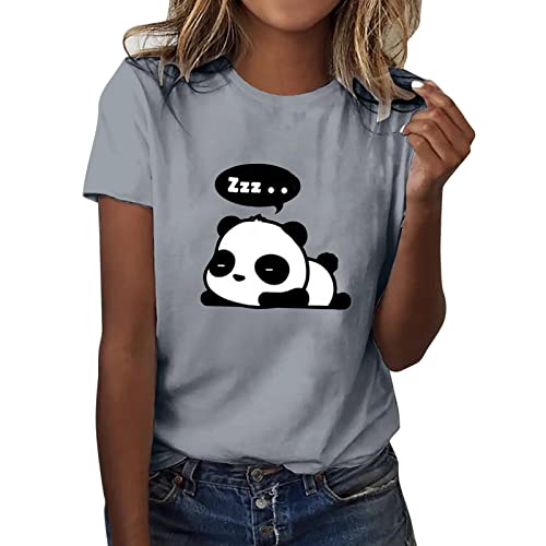 Femmes mignon imprimé col rond manches courtes t-shirt tops tunique chemises de loisirs tops femmes, gris, M