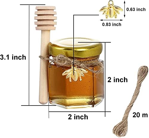 MEETOZ Mini Glass Honey jars-1.5 oz, 30 pcs Hexagon Honey Jars with Wooden Dipper, Gold Lid, Bee Pendant, Rope-20m Mini Honey Jars, Perfect for Wedding, Party Favors, Shower Favors, Canning