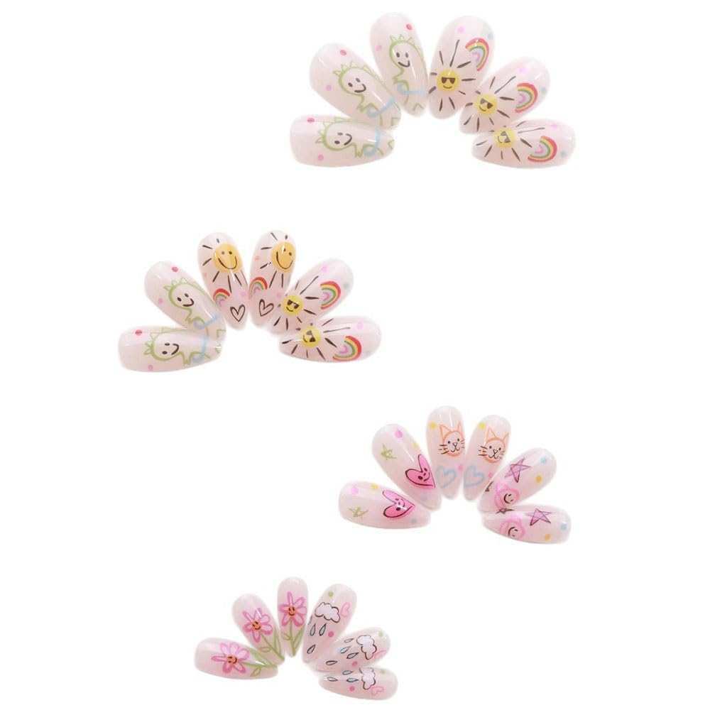 Almond Press on Nails Medium False Nails with Cartoon Designs Fake Nails Glossy Stick on Nails Pink Artificial Nails Cute Glue on Nails for Women/Girls 24PCS